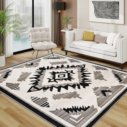 Azteken Teppich, Ethnisch Geometrisch Navajo Kleiner Teppich, Beige Schwarz Waschbar Kurzflor Weich Teppiche Eingangsbereich Innen Küche, 60x90 cm, Schwarz Grau Weiß
