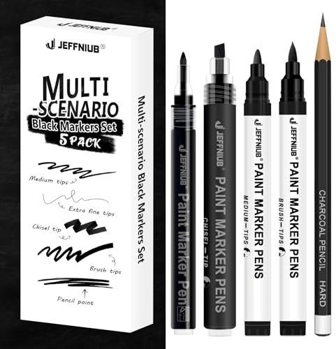 JEFFNIUB 5 Black Pen for Art, Multimarker with Brush, Fineliner & Pencil | Opaque Black Acrylic Paint Pens for Rock, Glass, Wood - Waterproof Art Markers for Drawing, Writing, DIY Crafts