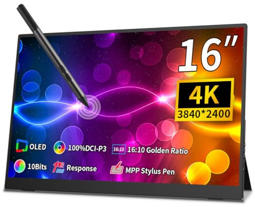 Magedok 16 inch 4k OLED Touchscreen Portable Monitor, 3840 x 2400 100% P3 Portable Display MPP Stylus Pen Compatibility 1MS Eye Care PC Monitor for Laptop,Mac NUC Mini PC,VESA & Integrated Stand
