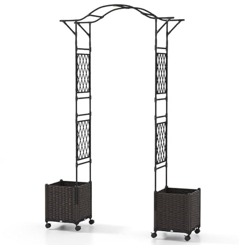 TANGZON Metal Garden Arbor with 2 Planters, Self-Watering Lawn Terrance Patio Trellis Pergola, Outdoor Rose Vines Climbing Support Arbor Archway with Arch Trellis for Wedding Party (208 x 40 x 250 cm)