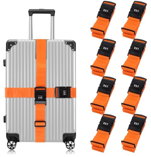 LOPYXBR 8er-Set Premium Koffergurt mit Zahlenschloss, 5x200cm Kofferband mit Schloss, Orange Luggage Strap, Robuster Koffer Gurtband, Strapazierfähiger Kofferbänder für Koffer, Gepäck