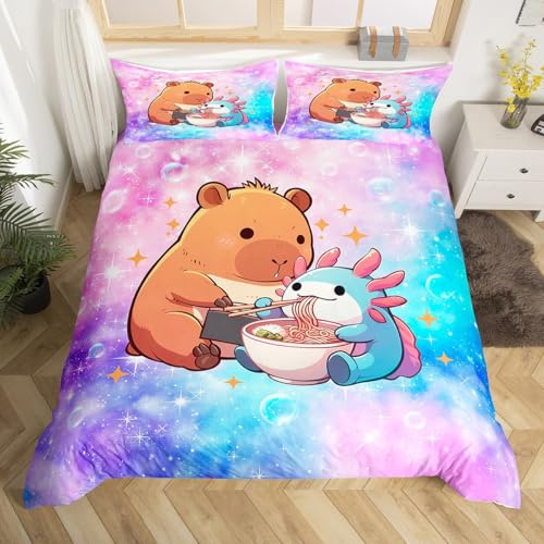 Homewish Housse de Couette 220x240 Enfant Capybara avec 2 Taies d'oreiller - Parure de Lit Axolotl Mignon pour Filles Garçons - Sets de Housses de Couettes Galaxie Rose Bleu Dégradé - Réversible