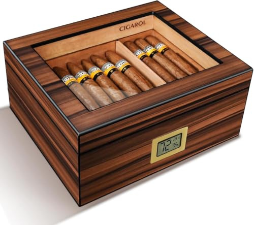Volenx Cigar Humidor, Cedar Wood Humidor Cigar Box with Digital Hygrometer, Humidifiers, Glass-Topped Handcrafted Cigar Humidor Box for Cigars (Brown 2)
