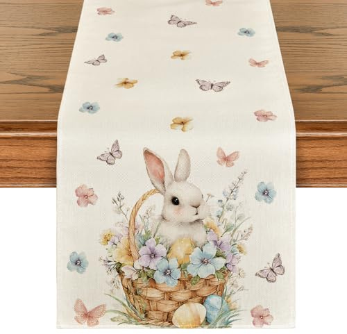 Artoid Mode Hase Blumen Schmetterlinge Ostereier Ostern Tischläufer, Frühling Küche Tisch Dekoration Drinnen Urlaub Party Dekor 40x180 cm