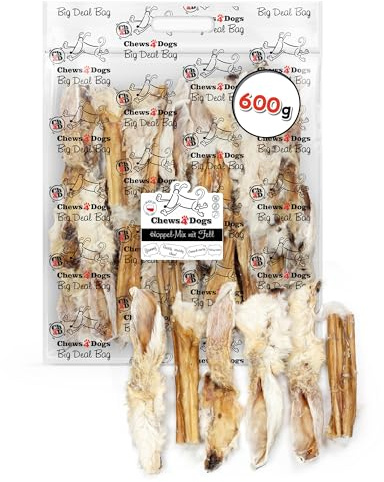 Kaninchenohren mit Fell, Hundeleckerli Getreidefrei 600 g, Ch4D | Monoprotein, ohne Zusätze, getreidefrei, für sensible Hunde, unterstützt Verdauung, Zahnpflege