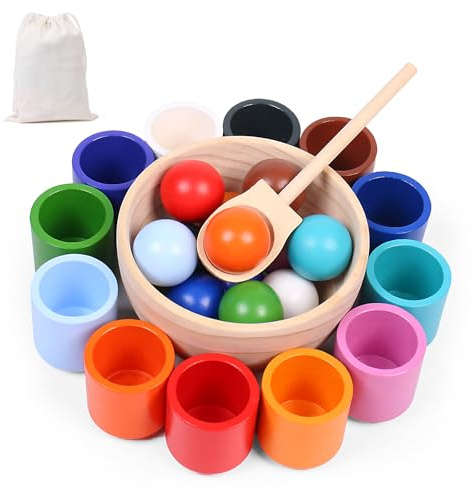 wotoyd Stapelbar och sorterad Montessori-träleksak med 12 bollar och koppar - pedagogiskt spel för att lära sig färger och räkna, present till barn 2, 3, 4 och 5 år gammal