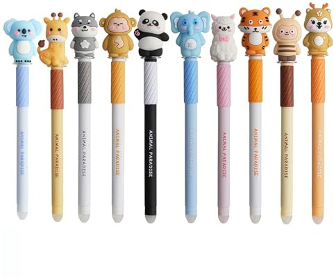 LdawyDE 10 Stück Radierbare Gelstifte mit Tiermotiven, 0,7mm, Blau | Radierstift mit 3D-Tierkappen, Ideal als Geschenk zu Festtagen oder Einschulung, Geeignet für Schule und Büro