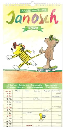 Janosch Familienplaner 2027: Familienkalender 22x45 cm mit 5 Spalten, liebevollen Illustrationen, Schulferien, Stundenplänen & deutschem Kalendarium, ideal für Familien mit Kindern | Familienkalender 22x45 cm mit 5 Spalten, liebevollen Illustrationen, Schulferien, Stundenplänen & deutschem Kalendarium