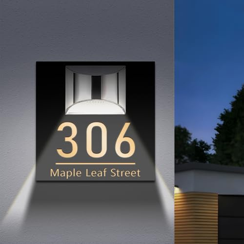 Plaque de numéro de maison solaire personnalisée avec éclairage LED — Plaque de porte moderne, étanche et solaire, idéale pour l'extérieur, les cours (Carré)