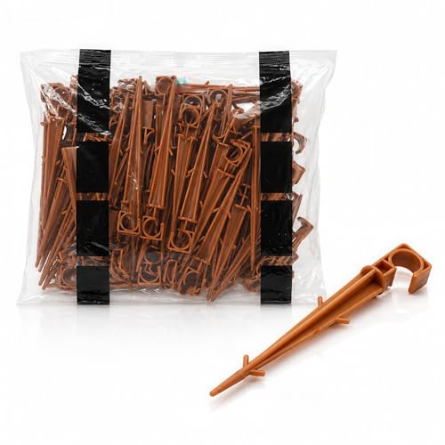Pack 50 Estaca Sujeta Manguera Tipo Gancho para Riego por Goteo| 16-20 mm Ø | 160 mm | Piquetas Fijadoras Garrote de Tubería para Jardín y Huerto | Fluvia (Marrón)