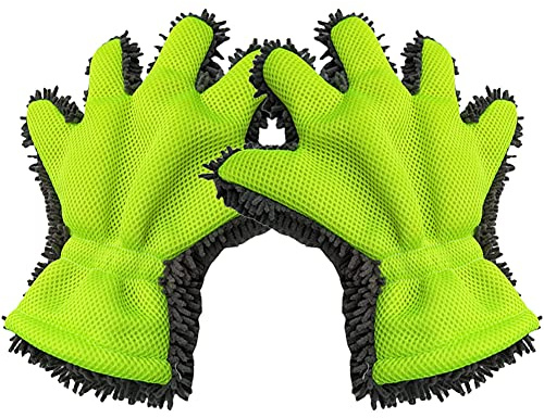 Generisch 2 Stück Auto-Waschhandschuhe Mikrofaser-Chenille- und Netz-Handschuhe mit Fünf-Finger-Design Wiederverwendbare Reinigungshandschuhe für Autos Motorräder und Bootsdecks (Grey&Green)