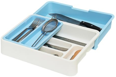 HornTide 3-in-1 Cutlery Tray, Expandable Utensils Holder, Plastic Kitchen Drawer Organizer for Silverware Storage and More - Blue