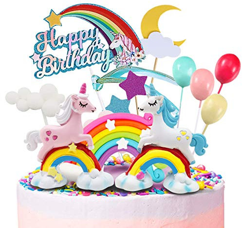 Humairc Cake Topper Kit Unicorno Compleanno Torta Ornamento Arcobaleno Nuvole Palloncino Happy Birthday Banner per Ragazza o Bambina