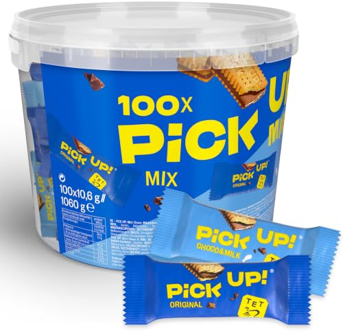 PiCK UP! Minis Original + Choco&Milk (1 x 1,06 kg), mini barrette da spuntino con tavoletta di cioccolato al latte croccante tra due biscotti, 100 confezioni di porzioni