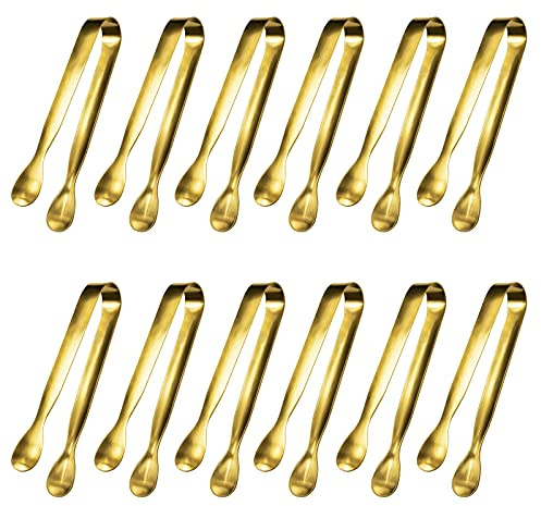 JCREN 12 Pcs Serving Tongs, Small Serving Utensils for Parties Catering Gold Tongs, Food-Grade 304 Stainless Steel Mini Appetizer Tongs for Tea Party Coffee Bar, 4 Inches - Gold