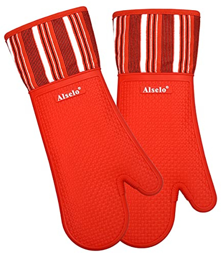 Alselo Silikon-Ofenhandschuhe, hitzebeständig bis 550 Grad, extra lange Küchenhandschuhe mit rutschfesten und wasserdichten Topflappen zum Backen, Kochen, Grillen, Mikrowelle, rot, 2)