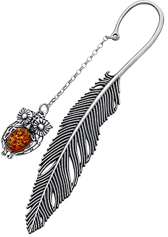 Lesezeichen aus 925 Sterling Silber, oxidierte Oberfläche, Eulenanhänger mit ovalem baltischem Bernstein in Cognacfarbe, Länge ca. 11,5 cm