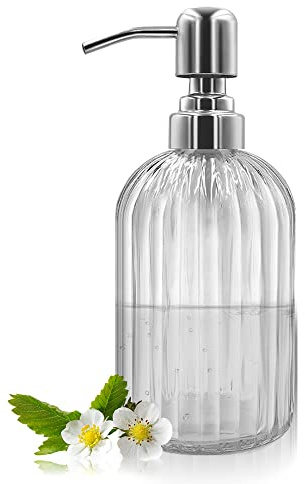 14 Oz Glas Seifenspender mit 304 Rostfreier Edelstahl Pumpe, Nachfüllbarer Hand Flüssigseifenspender für Badezimmer, Küche, Arbeitsplatte, Waschküche (Transparent)