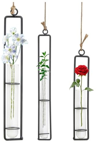 3 Pezzi Vaso Vetro in Ferro Battuto Creativo, Decorazione Piante Idroponiche Parete, Vaso di Vetro in Ferro Battuto Creativo, Con corda di iuta, Applica a Decorazioni per la casa(Nero)