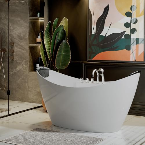 Empava 59 x 28 Freestanding Whirlpool Tub with Center Drain,560W Stand Alone Bathtub with 8 Hydromassage Jets, Unique Boat-Shaped,Acrylic,ETL Certified