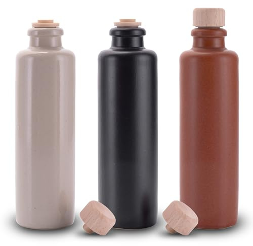 Lifestyle Lover Lot de 3 distributeurs d'huile et de vinaigre en grès - En céramique - Fausse huile d'olive - Balsamique - Avec bec verseur et liège naturel - 200 ml - Beige, noir, marron - Blanc)