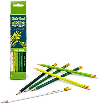 Pukka Pad, Pukka Planet HB Pencils with Eraser Tip – Pack of 6 with Assorted Mottos in Gold – Sustainable and 100% Recyclable Packaging – Green Vibes
