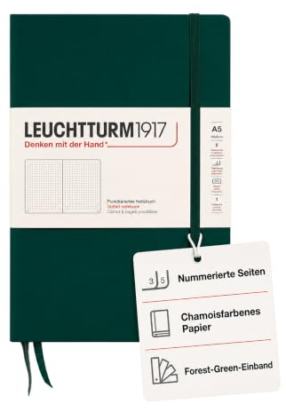 LEUCHTTURM1917 367255 Notizbuch Medium (A5), Hardcover, 251 nummerierte Seiten, Forest Green, dotted | 251 nummerierte Seiten, dotted, Fadenheftung, 2 Lesebändchen, Falttasche, Sticker-Set, säurefrei