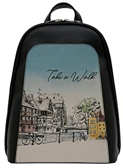 DOGO Femme Cuir Vegan Noir Fait Main et Mode Sac à dos - Take a Walk Motif