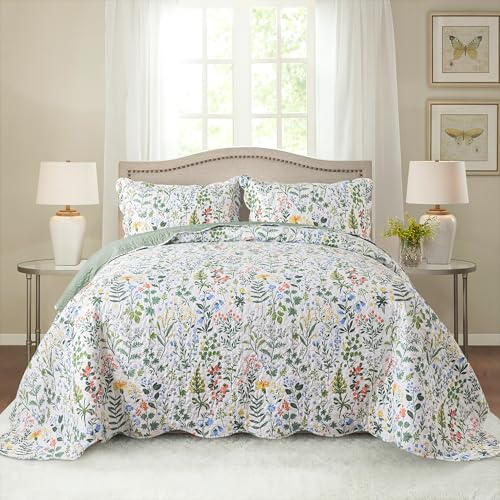 HoneiLife Queen Quilt Bedding Set - 3 Pieces Microfiber Quilt Sets Lightweight Bedspreads Reversible Coverlets Retro Bed Cover Floral Bedding Set Wildflower Quilts All Season Use