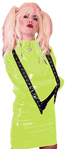 Stretchig elastisk bandage klänning latex PVC dragkedja mikro miniklänning blank punk dans fest klubbklänning, fluorescensgrön, XS