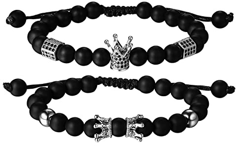 Flongo Paar Armband Krone King & Queen Zirkonia Perlenarmband Kugelarmband Pärchen Armbänder Partnerarmbänder Freundschaftarmband Valentinstag Lieben Geschenk für Herren Damen Schwarz/Silber