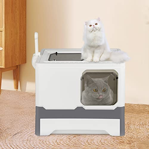 Katzentoilette XXL, großes Katzentoilette, faltbar, mit Deckel, Schublade und Schaufel, tragbar, WC für Katzen mit Deckel (grau und weiß, 45 x 35 x 38 cm)