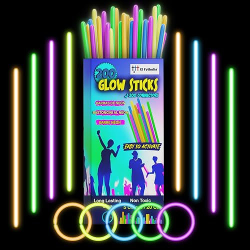 EL FUTBOLIN | Pulseras Luminosas Fluorescentes | 200 Barras Luminosas + 200 Conectores | Regalo Fiesta de Cumpleaños | Barras Luminosas Flourescentes | Glow Stick | Pulseras de Neon (200 NEONES)