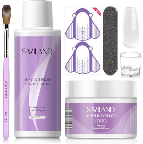 Saviland Acryl Nagelset: 30 g Klares Acrylpulver und 60 ml AcrylLiquid mit Acrylpinsel, Nagel Schablone, Nagelfeilen, Dappen Dish für Acryl Nagelverlängerung, Nagel DIY Starter Set für Anfänger