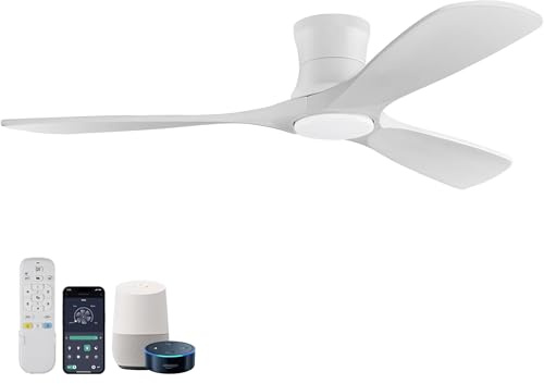 52”Smart Low Profile Ceiling Fans with Lights Remote,Quiet DC Motor,Outdoor Indoor Flush Mount Ceiling Fan,Control with WIFI Alexa App,Dimmable,6-speed,3 White Wood blades,for Modern Bedroom Patio