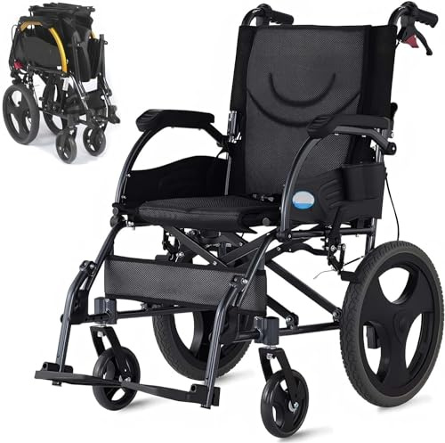 Ultraleichter Rollstuhl, faltbar, leichter Reiserollstuhl mit Trommelbremse, schmaler Rollstuhl für Zuhause, Transportrollstühle, klappbare Rückenlehne, Sitzbreite 46 cm, leicht