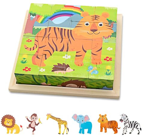Würfelpuzzle Holz, 6 in 1 Tier-Motive Holzpuzzle Montessori Spielzeug, mit 16 Würfel Holzspielzeug für Kinder ab 3 4 5 Jahren, 3D Bilderwürfel Puzzlespiele Geschenk für Jungen und Mädchen, 16 x 16cm