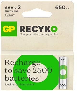 GP Lot de 2 piles rechargeables ReCyko 650 AAA Slim Pen Ni-Mh 1,2 V