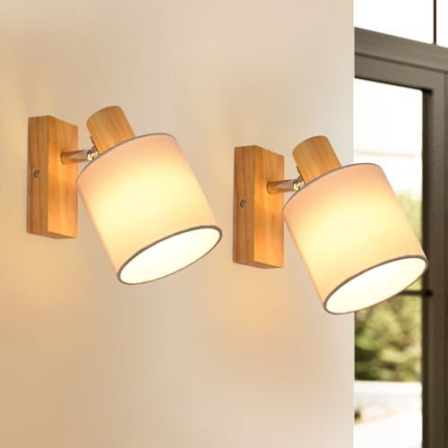 Glitzerlife Wandstrahler Holz Vintage Wandspot 2er Wandleuchte E14 | 1 Flammig Retro Schwenkbar Wandbeleuchtung Wandlampe Industriell mit Weiße Stoffschirm für Flur Küche Gang MAX.40W