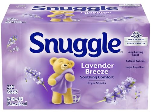 Snuggle Fabric Softener Dryer Sheets, Lavender Breeze Soothing Comfort, 230 Ct, Long-Lasting Fresh & Clean Scent, Softens Fabric, Reduces Static, Fights Wrinkles, Helps Repel Lint & Pet Hair, HE Safe
