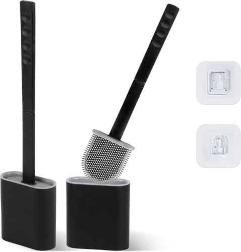 Escobilla de inodoro de silicona con soporte, 2 piezas, juego de escobillas de inodoro con mango largo de plástico, cerdas flexibles para una fácil limpieza, cepillo de inodoro antideslizante montado