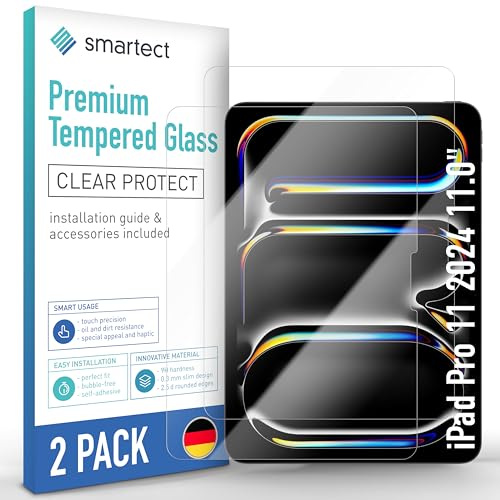 smartect Schutzglas 2 Stück für iPad Pro 2024 11.0 | HD Panzerfolie Anti-Kratzer, Displayschutz 0.3 mm Ultra-klar, 9H Härte, Stoßfest, Blasenfrei