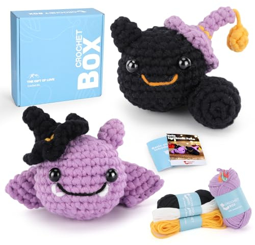 Halloween Fledermaus & schwarze Katze Häkelset für Anfänger, einfaches Stricken, weiches Garn, Schritt-für-Schritt-Video-Tutorial, Erwachsenen-Geburtstagsgeschenk