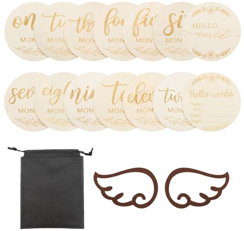 VEGCOO Baby-Meilenstein-Karten aus Holz, 16 Stück, 1–12 Monate Meilenstein-Babykarten, 1 Fotoflügel mit 1 schwarzer Aufbewahrungstasche für Wachstumsgedenken, Geschenk für Neugeborene, Wachstumsrekord