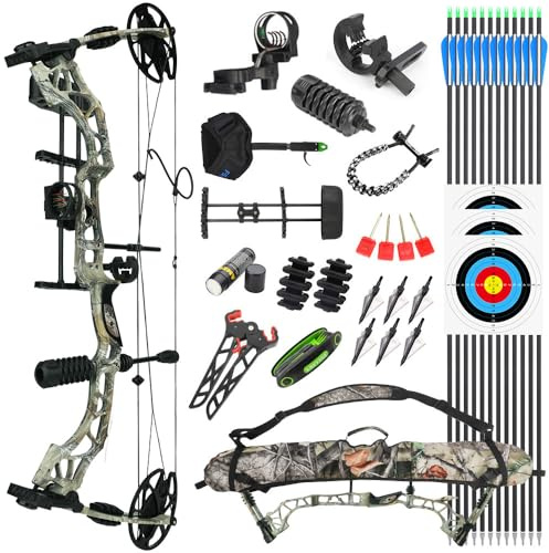 SHARROW Archery Compound Bow and Arrows Set, Draw Weight 35-70 LBS, Draw Length 16-30, Hunting Compound Bow Kit 320FPS for Adults Beginner Outdoor Shooting RH (Camo)