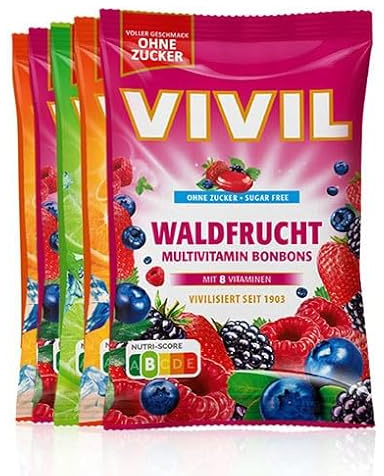 VIVIL Caramelle Rinfrescanti Mix, 5 Bustine, Caramelle Rinfrescanti con Frutti di Bosco, Arancia Selvatica e Lime-Menta, senza zucchero, vegane & senza glutine, 5 x 120g