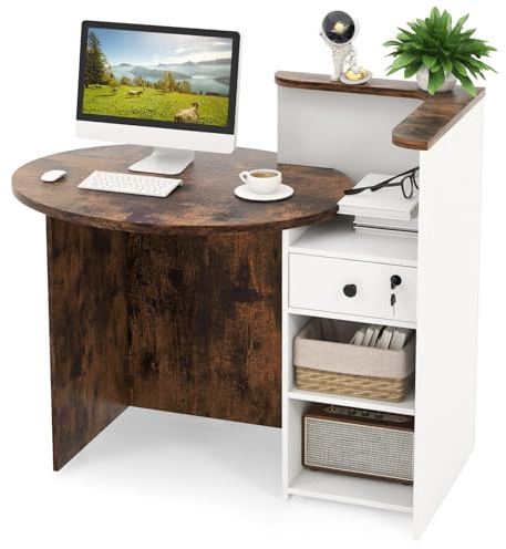 COSTWAY Reception Desk, Front Counter Desk with Lockable Drawer and Adjustable Shelf, Corner Cashier Retail Checkout Table Computer Desk for Beauty Salon Lobby (White+Rustic Brown, Left Tabletop)