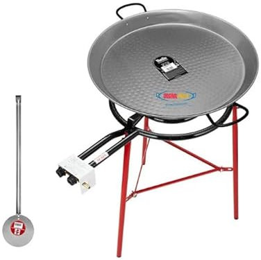 Callow Retail Paella Cooking Set with Polished Steel Paella Pan, Gas Burner, Legs and Skimming Spoon - Paellera Set for use at Home or Garden Outdoor Cooking (70cm Pan with 50cm 2 Ring Burner)