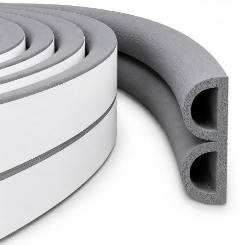 Burlete Adhesivo para Puertas de Entrada y Ventanas HOGARLAX, 12 m (Gris) | Sella huecos de 3–6 mm. 12m en total. Perfil D: 9 mm × 6 mm. Aislante térmico y acústico para marcos de puertas y ventanas