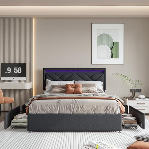 KeepGoon Doppelbett 140 * 200cm dunkelgrau, Nachttisch mit LED und USB, mit 4 Eisenschubladen, Schubladenbett,Verstellbares Kopfteil, Polsterbett mit Lattenrost, Jugendbett, Leinen, Dunkelgrau